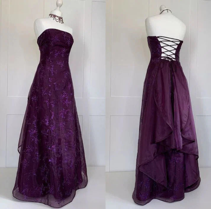 Chic Ball Gown Strapless Grape Tulle Classy Evening Dress Long Classy Prom Dress Main image