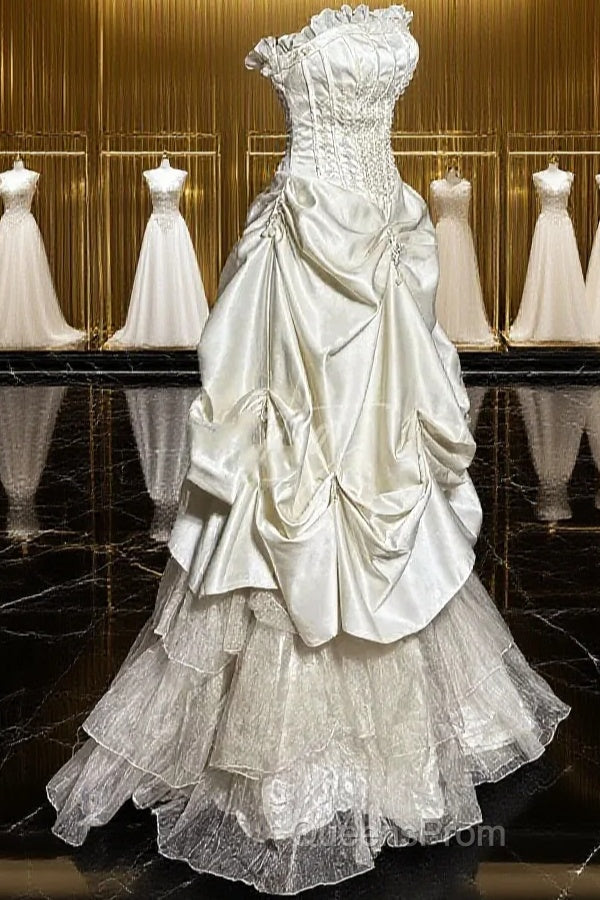 Chic Ball Gown Strapless Taffeta Ivory Long Wedding Dress Bridal Dress