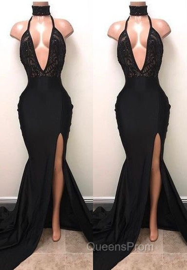 Chic Black High Neck Lace Front Split Mermaid Evening Prom Party Gowns Secondary image