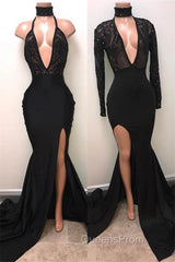 Chic Black High Neck Lace Front Split Mermaid Evening Prom Party Gowns