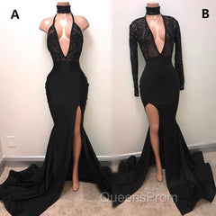 Chic Black High Neck Lace Front Split Mermaid Evening Prom Party Gowns
