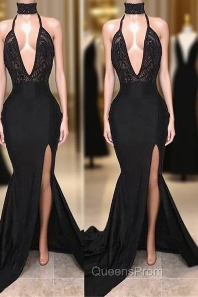 Chic Black High Neck Lace Front Split Mermaid Evening Prom Party Gowns Main image