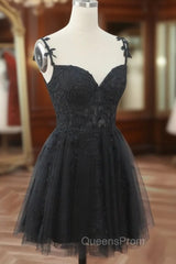 Chic Black Lace Straps Tulle Short Party Drss, Black Sweetheart Homecoming Dress