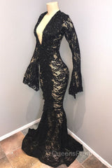 Chic Black Lace V-neck Long Sleevess Mermaid Evening Prom Dress Sheer Floor Length Evening Gowns