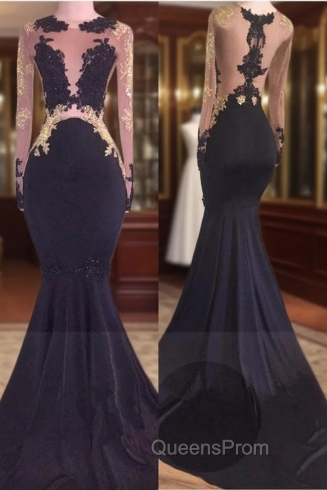 Chic Black Long-Sleeve Lace Mermaid Zipper Evening Prom Party Gowns Main image