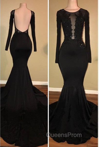 Chic Black Mermaid Evening Prom Party GownsLong Sleeves With Lace Appliques