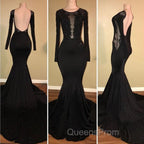 Chic Black Mermaid Evening Prom Party GownsLong Sleeves With Lace Appliques