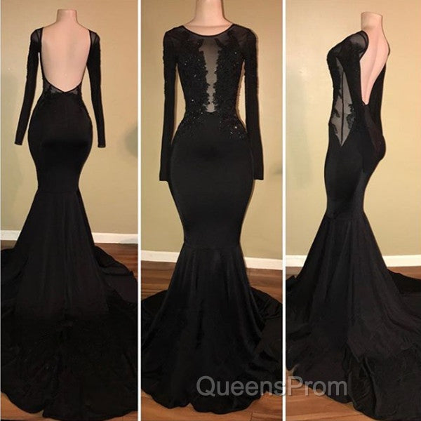 Chic Black Mermaid Evening Prom Party GownsLong Sleeves With Lace Appliques