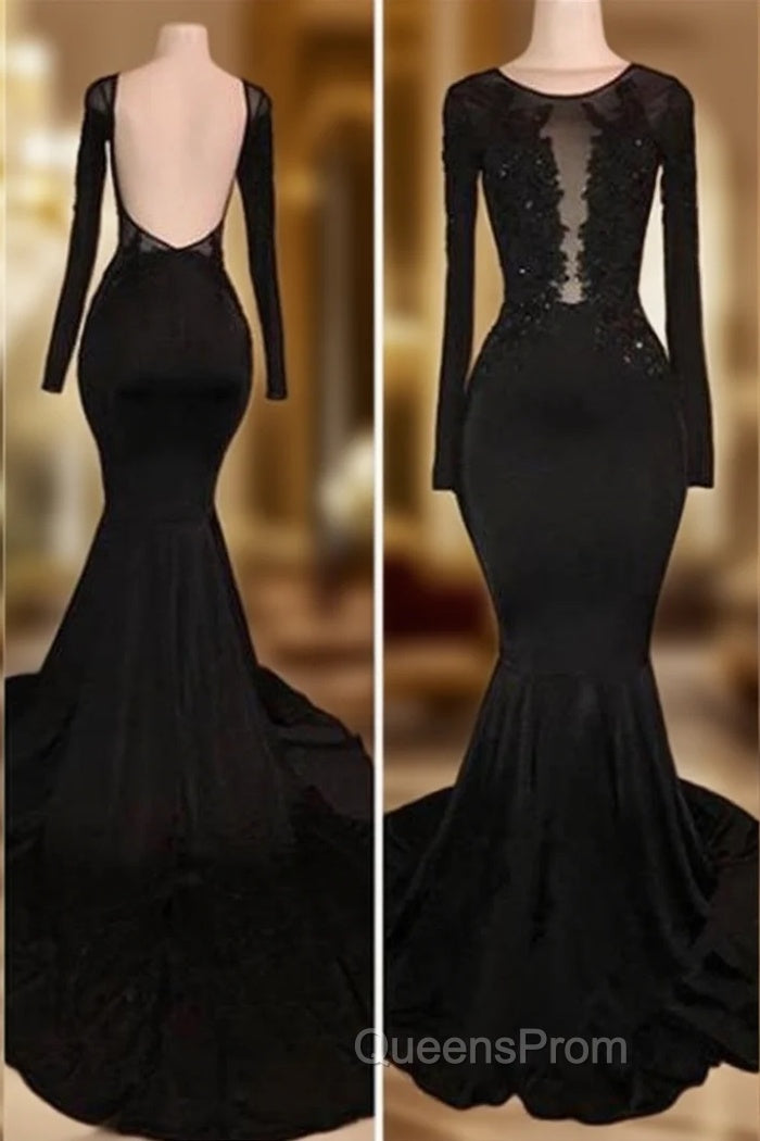 Chic Black Mermaid Evening Prom Party GownsLong Sleeves With Lace Appliques Main image