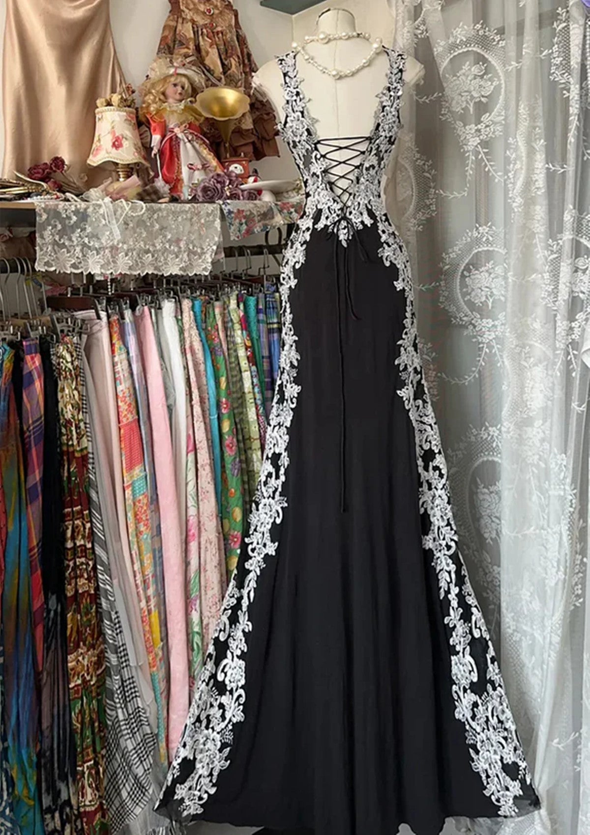 Chic Black Mermaid Spandex Straps With Lace Classy Evening Dress, Black Long Classy Prom Dress