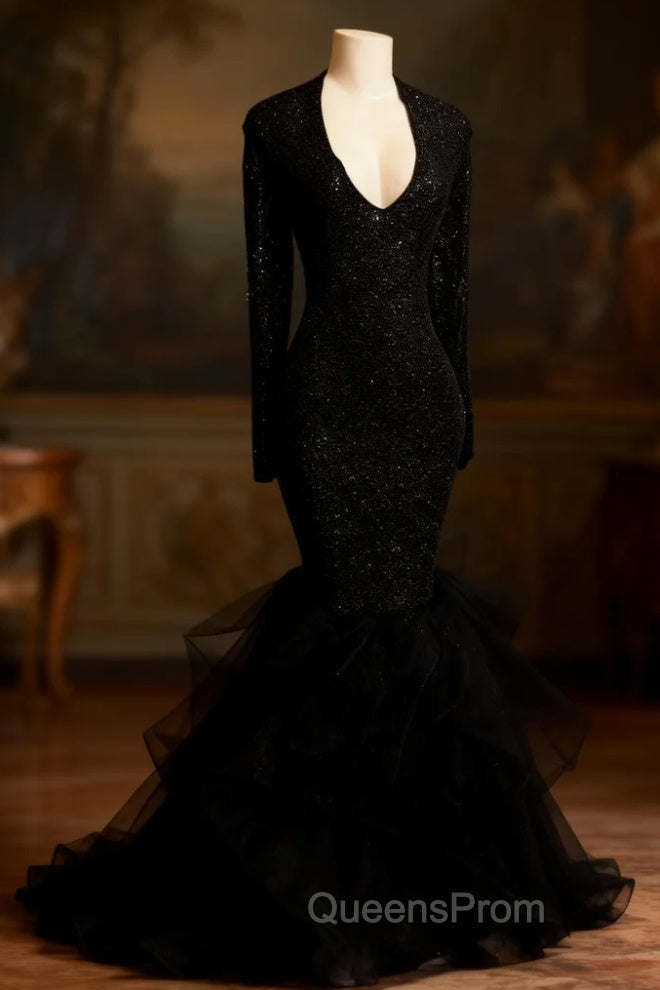 Chic black sequins Evening Prom Dress, ruffles evening Dress