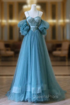 Chic Blue Sweetheart Straps Off Shoulder Tulle Evening Dress, Blue Evening Prom Dress