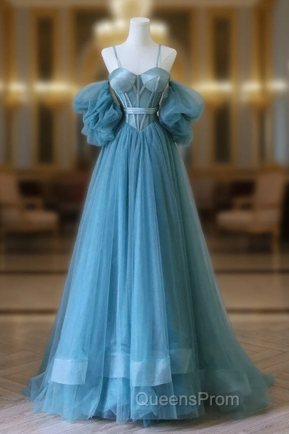 Chic Blue Sweetheart Straps Off Shoulder Tulle Evening Dress, Blue Evening Prom Dress