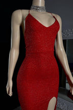 Chic Burgundy Halter V-Neck Sleeveless Mermaid Prom Dresses High Split With Criss-Cross Back