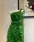 Chic Dark Green One-Shoulder Layered Ruffle Chiffon Long Classy Prom Dress