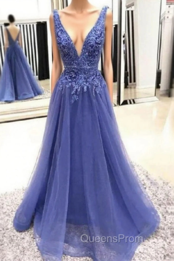 Chic Deep V-neck Straps Long Evening Prom Party Gowns| Exquisite Lace Beading Evening Prom Gown Main image