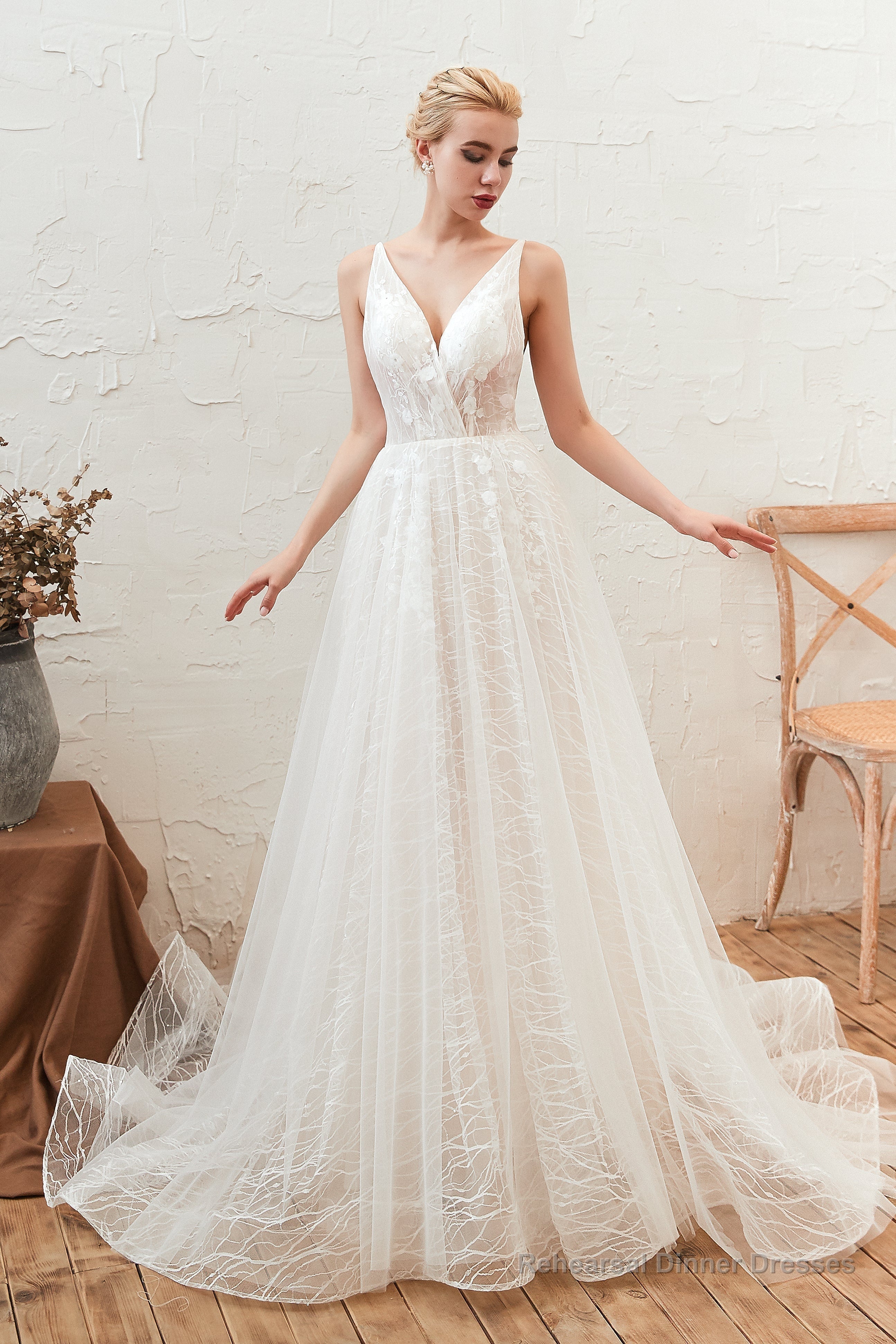 Chic Deep V-Neck White Tulle Princess Open Back Wedding Dresses with Court Train Main image
