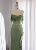 Chic Green Mermaid Tassel Slit Tulle Long Classy Prom Dress
