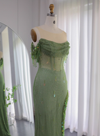 Chic Green Mermaid Tassel Slit Tulle Long Classy Prom Dress