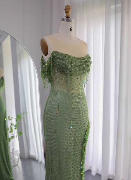 Chic Green Mermaid Tassel Slit Tulle Long Classy Prom Dress
