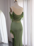 Chic Green Mermaid Tassel Slit Tulle Long Classy Prom Dress
