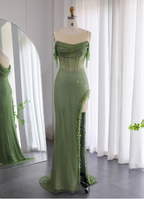 Chic Green Mermaid Tassel Slit Tulle Long Classy Prom Dress