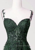 Chic Green Straps Tulle with Lace Party Dress, A-line Sweetheart Floor Length Evening Prom Dress
