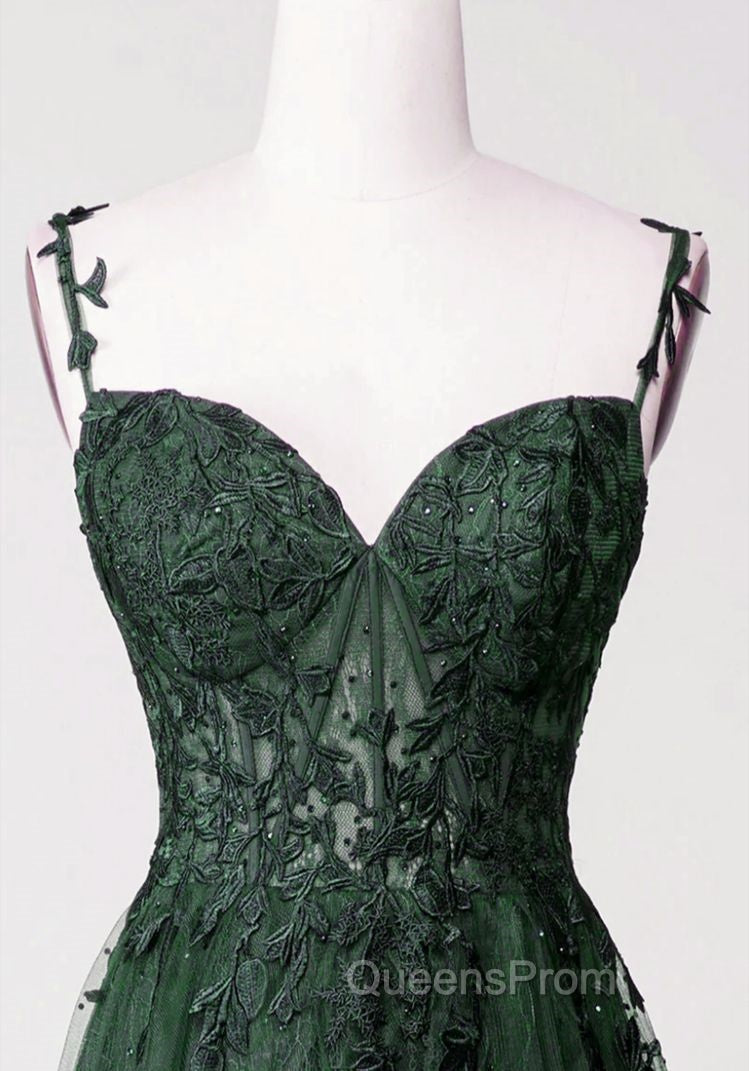 Chic Green Straps Tulle with Lace Party Dress, A-line Sweetheart Floor Length Evening Prom Dress