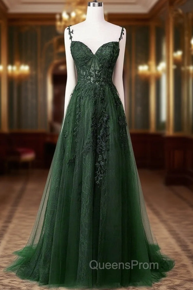 Chic Green Straps Tulle with Lace Party Dress, A-line Sweetheart Floor Length Evening Prom Dress Main image