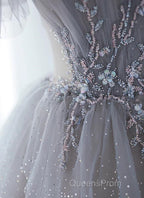 Chic Grey Beaded Layers Tulle Long Formal Dress, Grey Off Shoulder Evening Prom Dress