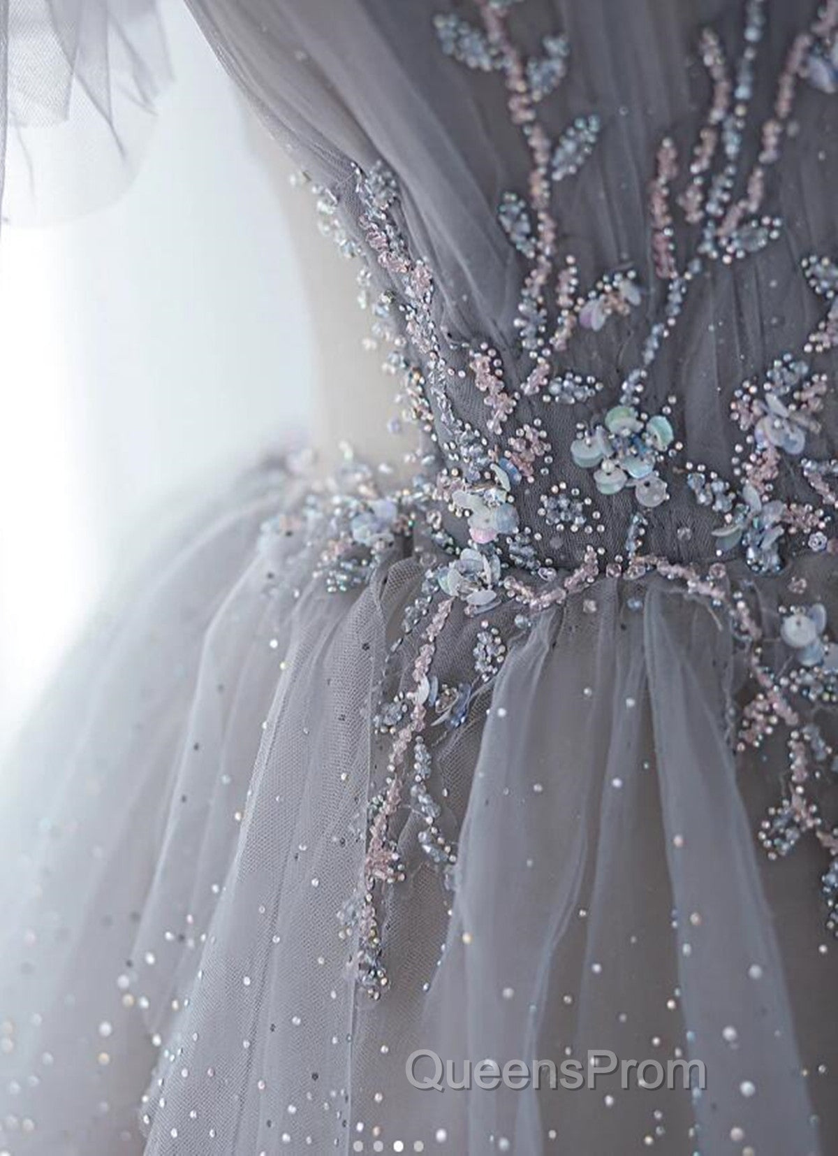Chic Grey Beaded Layers Tulle Long Formal Dress, Grey Off Shoulder Evening Prom Dress