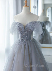 Chic Grey Beaded Layers Tulle Long Formal Dress, Grey Off Shoulder Evening Prom Dress