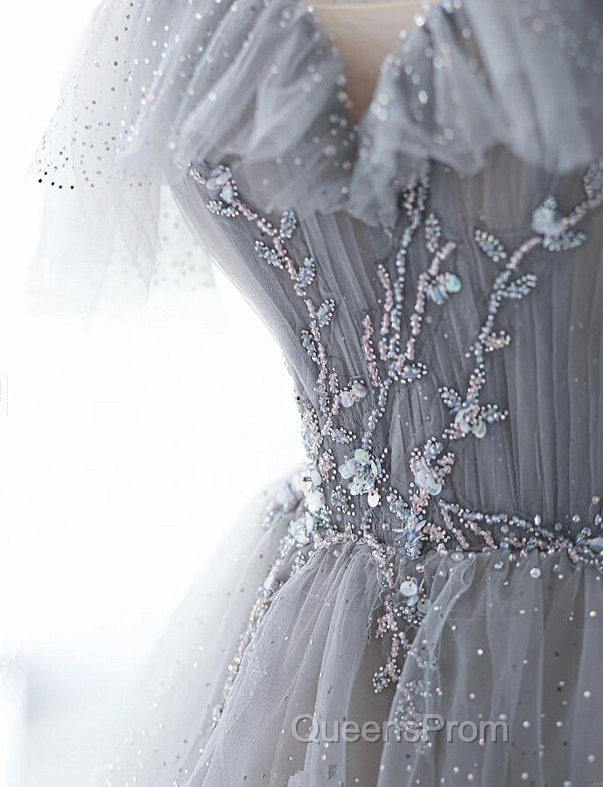 Chic Grey Beaded Layers Tulle Long Formal Dress, Grey Off Shoulder Evening Prom Dress
