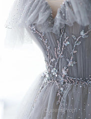 Chic Grey Beaded Layers Tulle Long Formal Dress, Grey Off Shoulder Evening Prom Dress