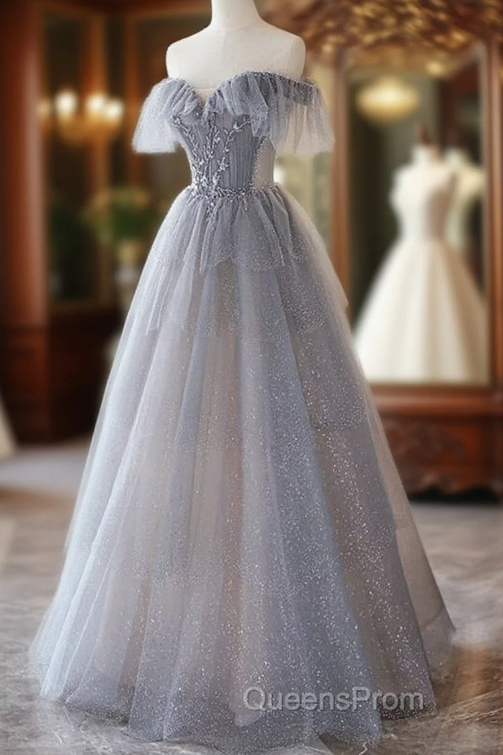 Chic Grey Beaded Layers Tulle Long Formal Dress, Grey Off Shoulder Evening Prom Dress Main image