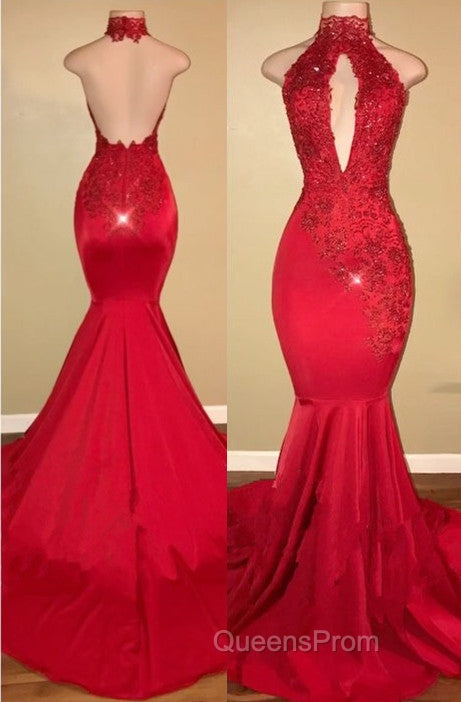 Chic Halter Mermaid Evening Prom Party GownsLong With Lace Appliques