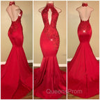 Chic Halter Mermaid Evening Prom Party GownsLong With Lace Appliques