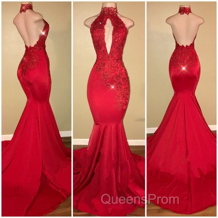 Chic Halter Mermaid Evening Prom Party GownsLong With Lace Appliques