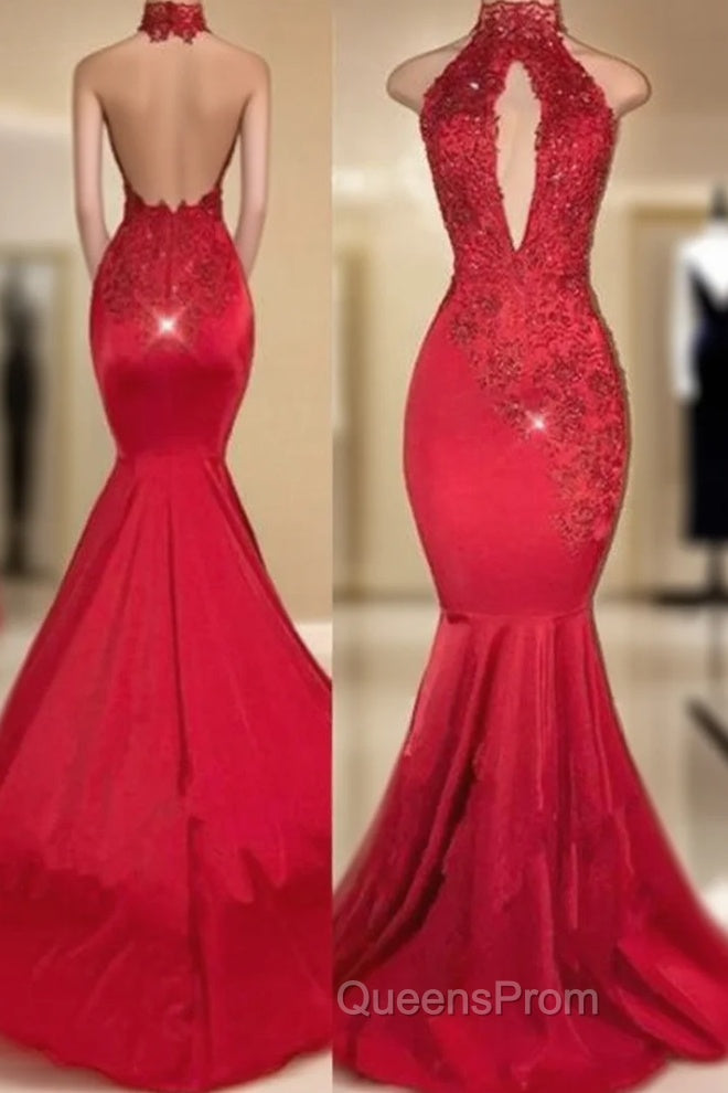 Chic Halter Mermaid Evening Prom Party GownsLong With Lace Appliques Main image