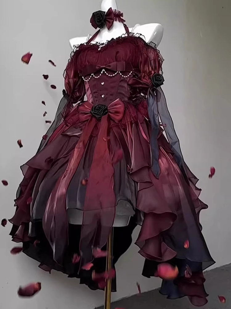 Chic High Low Halter Burgundy Organza Party Dress Birthday Outfits