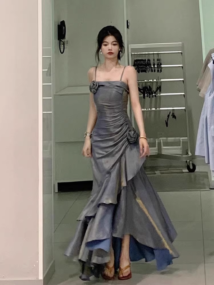Chic High Low Spaghetti Straps Gray Blue Long Party Dress Birthday Outfits Secondary image