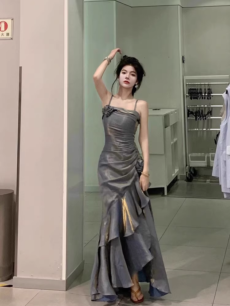 Chic High Low Spaghetti Straps Gray Blue Long Party Dress Birthday Outfits