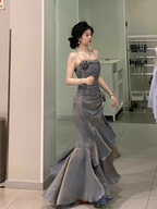 Chic High Low Spaghetti Straps Gray Blue Long Party Dress Birthday Outfits
