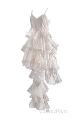 Chic High Low Spaghetti Straps Evening Prom Dress Birthday Dress With Ruffles