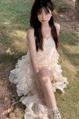 Chic High Low Spaghetti Straps Evening Prom Dress Birthday Dress With Ruffles