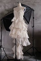 Chic High Low Spaghetti Straps Evening Prom Dress Birthday Dress With Ruffles