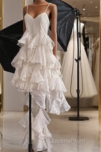 Chic High Low Spaghetti Straps Evening Prom Dress Birthday Dress With Ruffles