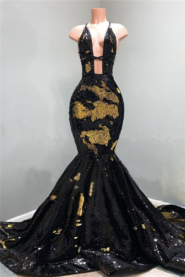 Chic Hollow Neckline Gold And Black Long Train Mermaid Evening Dresses Main image