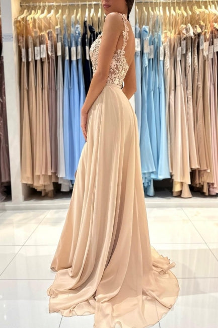 Chic Lace Sleeveless Prom Dress With Slit Long Champagne Secondary image