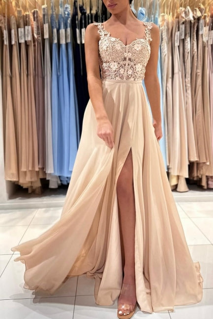 Chic Lace Sleeveless Prom Dress With Slit Long Champagne Main image